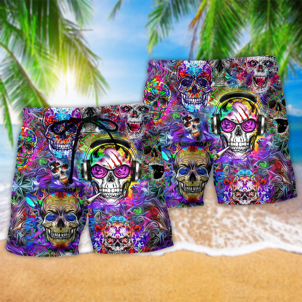 Hippie Skull Color Flowers Hawaiian Print Beach Shorts For Beach Days And Resort Travel