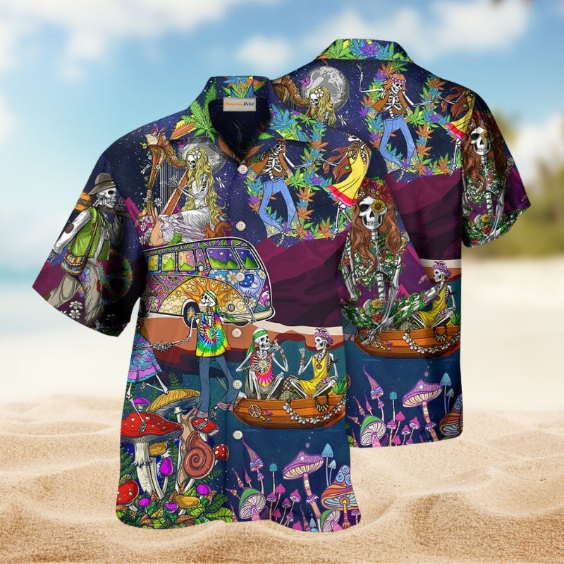 Hippie Skull Dancing Moon Hawaiian Shirt For Mythic Art Lovers, Coastal Outings, And Thoughtful Gift Giving