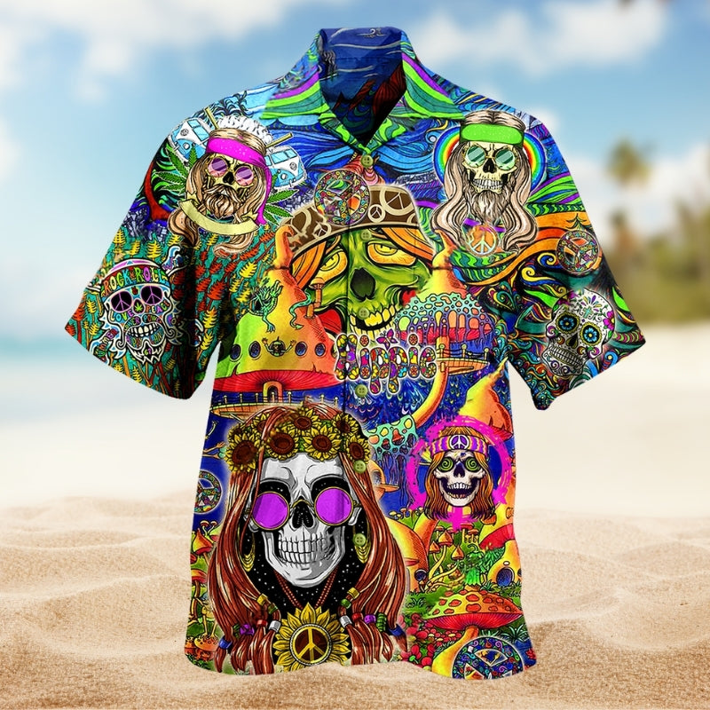Hippie Skull Colorful Hawaiian Shirt For Resort Escape, Poolside Gathering, And Memorable Gifting