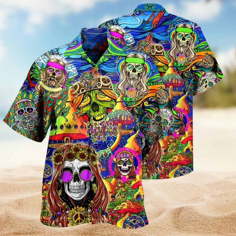 Hippie Skull Colorful Hawaiian Shirt For Summer Gathering And Vacation Outfit