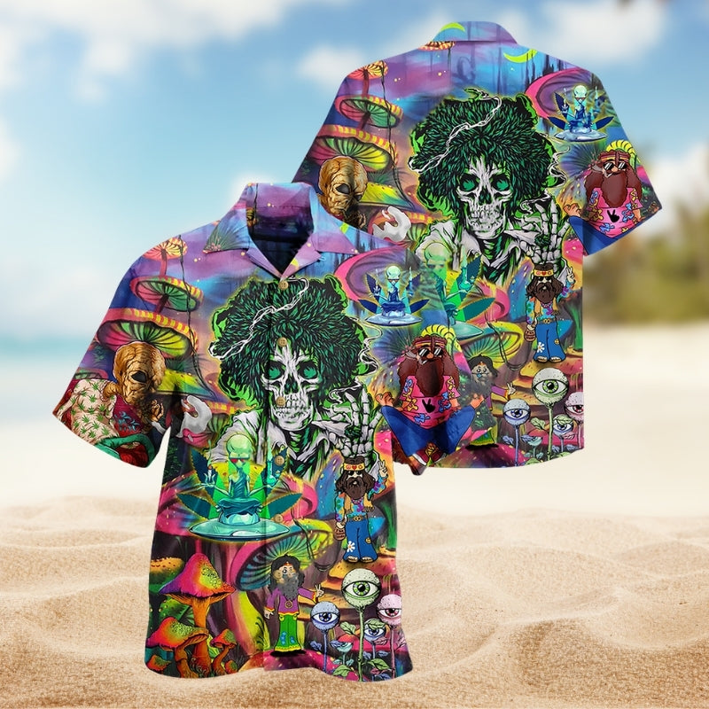 Hippie Skull Colorful Hawaiian Shirt For Coastal Adventure, Beachside Event, And Travel Ready Style
