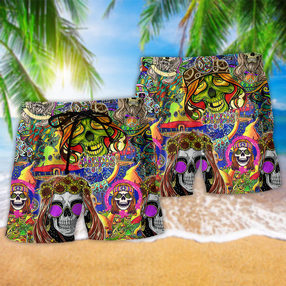 Bohemian Rock Roll Skull Beach Shorts Pattern Detail For Coastal Leisure And Laid Back Daily Wear