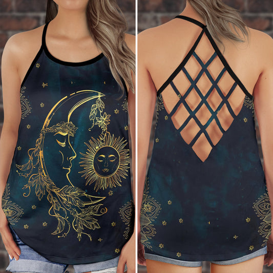 Hippie Peaceful Moon Spiritual Boho Hollow Tank Top For Yoga Workouts And Festival Wear