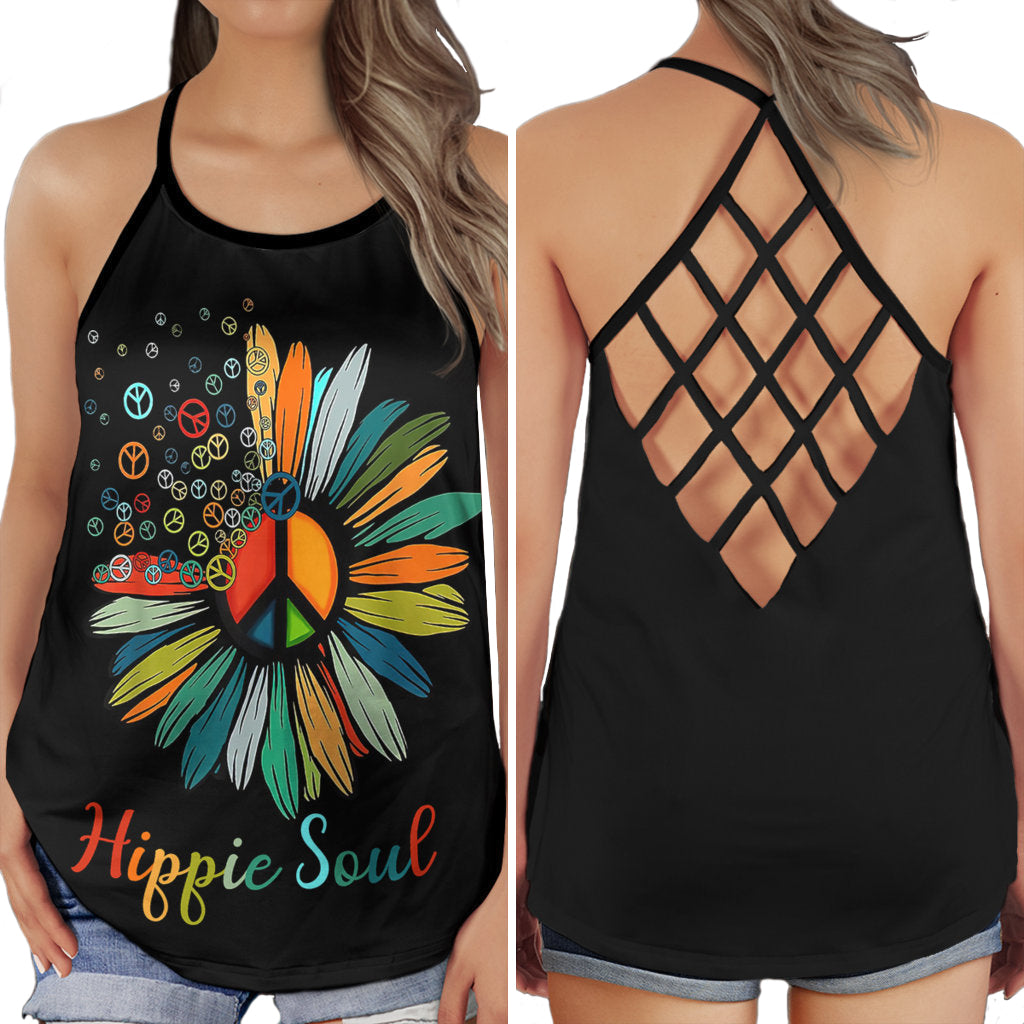 Hippie Sunflower Black Hollow Tank Top For Yoga Practice And Summer Outings