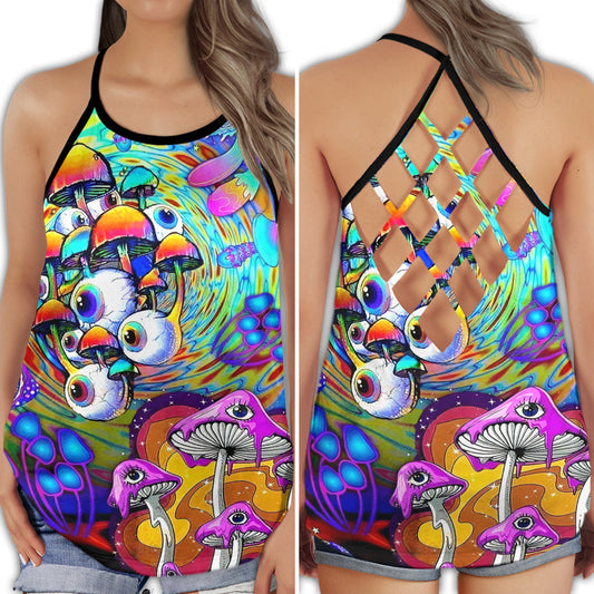 Hippie Summer Colorful Mushroom Boho Art Hollow Tank Top For Yoga Workouts And Festival Wear