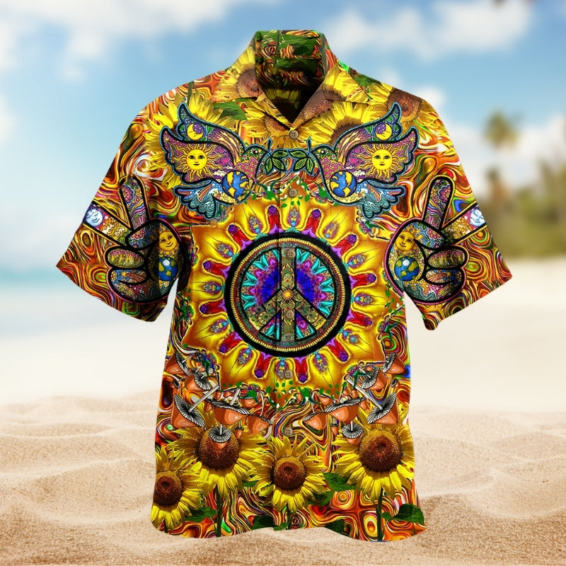 Hippie Sunflower Peace Psychedelic Art Hawaiian Shirt For Coastal Adventure And Comfortable Travel Wear