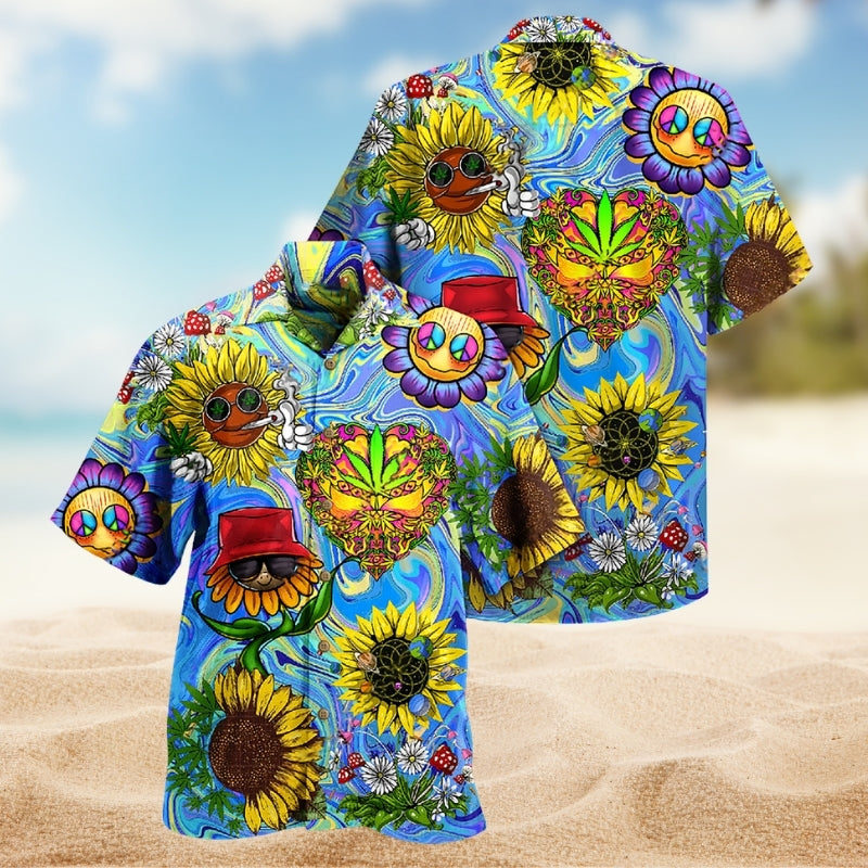 Hippie Sunflower Peace Psychedelic Art Hawaiian Shirt For Relaxed Getaway And Vacation Outfit