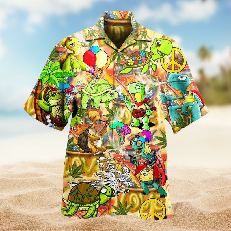 Hippie Turtle Colorful Funny Hawaiian Shirt For Island Getaway, Casual Weekend, And Warm Weather Fashion