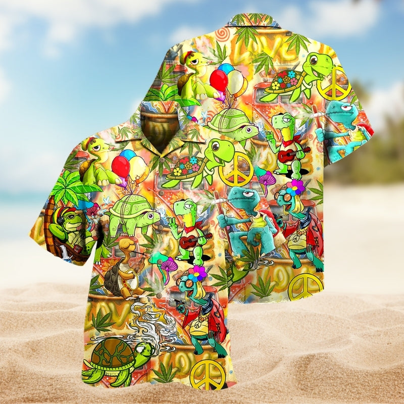Hippie Turtle Colorful Funny Hawaiian Shirt For Family Vacation, Coastal Adventure, And Casual Wear