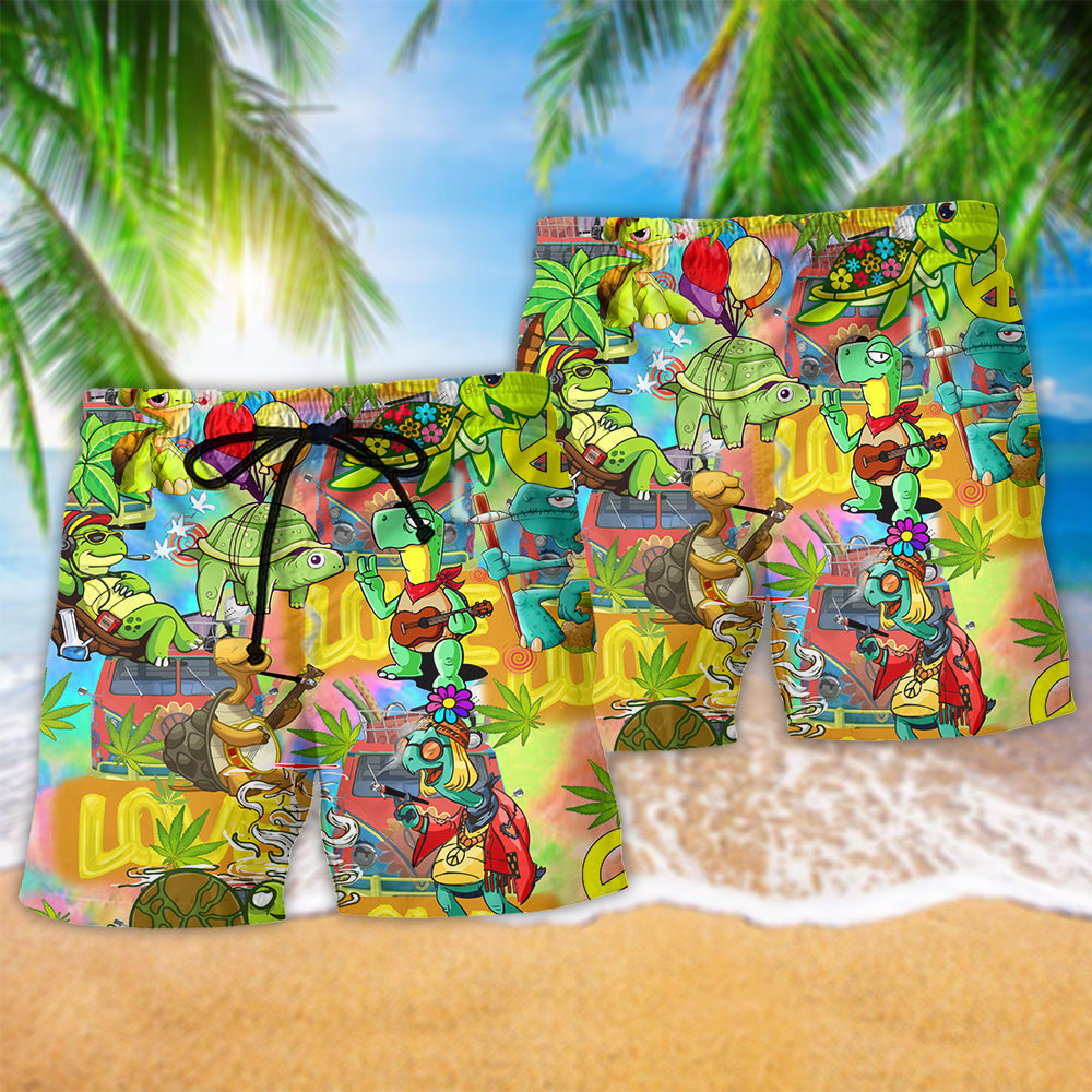 Hippie Turtle Peace Colorful Beach Shorts Design Detail For Resort And Beach Day Style