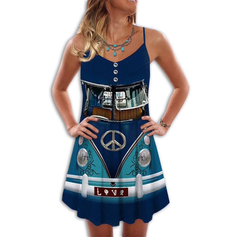Hippie Van Retro Love V-Neck Sleeveless Cami Dress For Vacations And Artistic Everyday Fashion