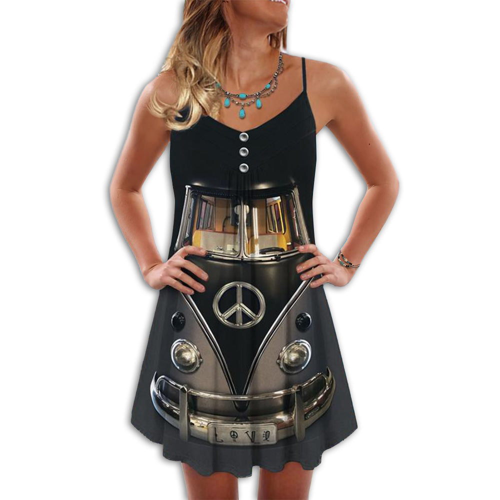 Hippie Van Retro V-Neck Sleeveless Cami Dress For Vacations And Artistic Everyday Fashion