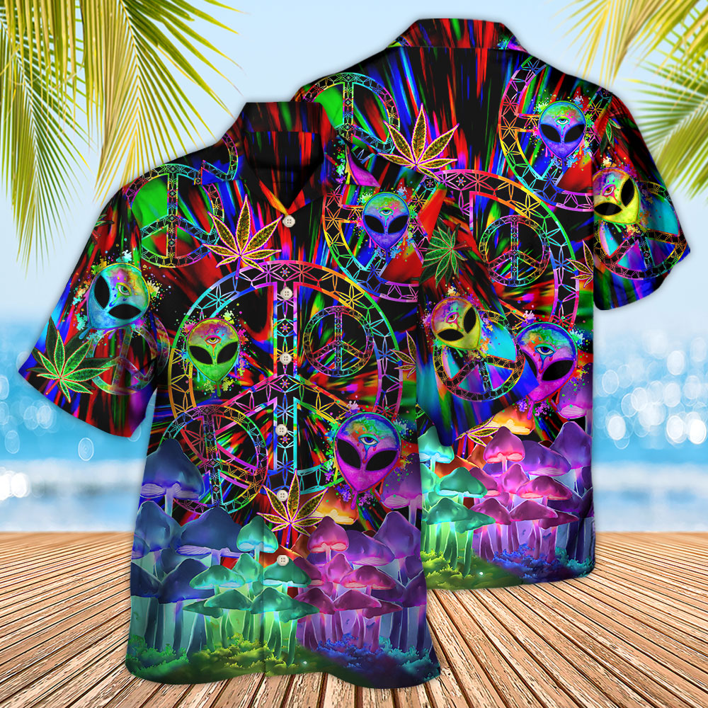Hippie Alien Peace Psychedelic Art Hawaiian Shirt For Beach Party And Coastal Casual Wear
