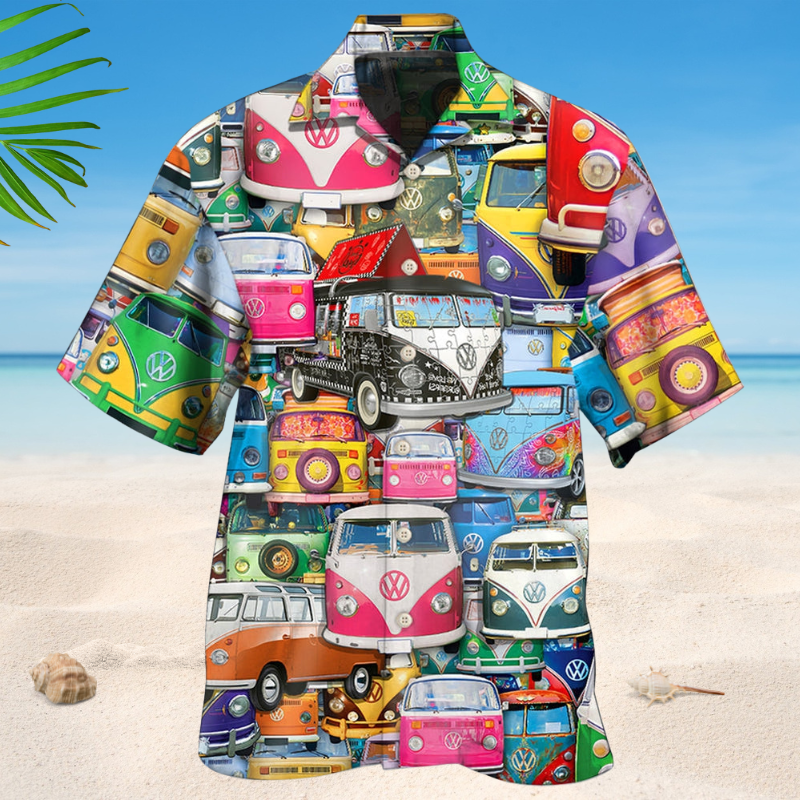 Colorful Hippie Car Hawaiian Shirt For Summer Vacation, Beach Travel, And Casual Wear