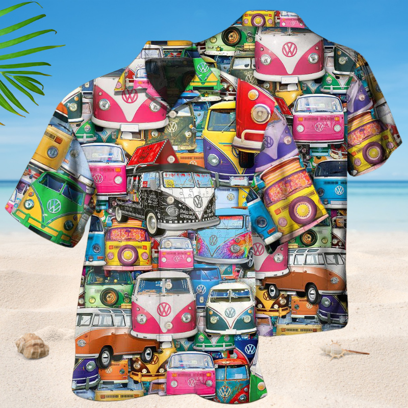 Colorful Hippie Car Hawaiian Shirt For Summer Vacation, Beach Travel, And Casual Wear