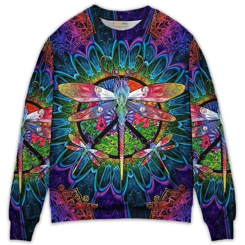 Hippie Colorful Dragonfly Mandala Sweater For Psychedelic Art Fans Outdoor Events And Distinctive Gifts