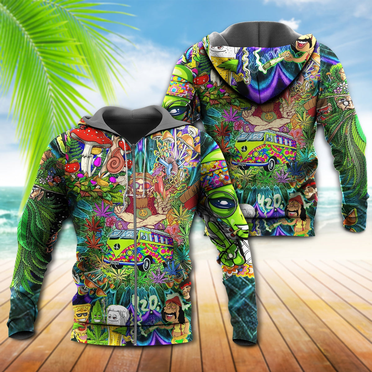 Hippie Colorful Mushroom Alien Bus Hoodie For Colorful Streetwear Festivals And Comfortable Daily Wear