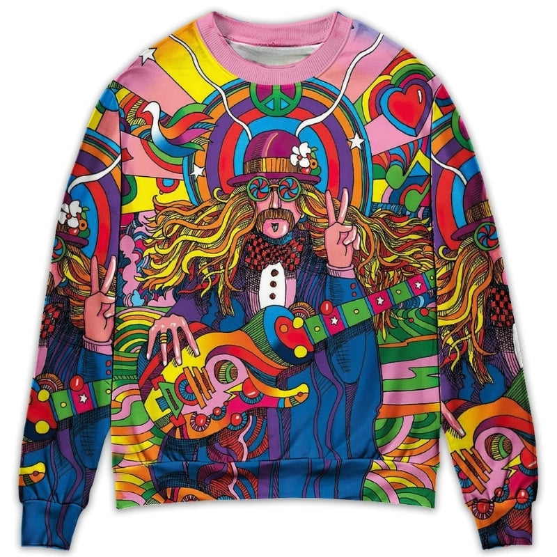 Hippie Rock Music Colorful Sweater For Free Spirited Outfits Holidays And Everyday Comfort