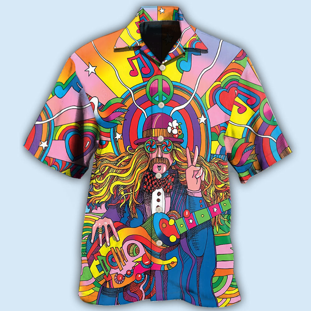 Retro Hippie Rock Music Hawaiian Shirt Graphic Artwork Detail For Summer Travel