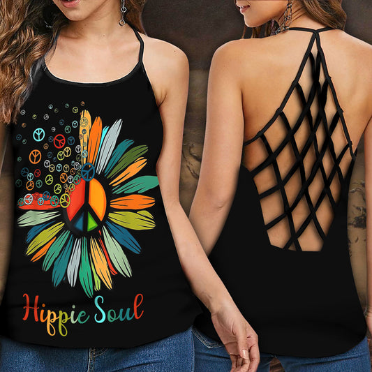 Hippie Peaceful Color Black Hollow Tank Top For Studio Practice And Casual Styling