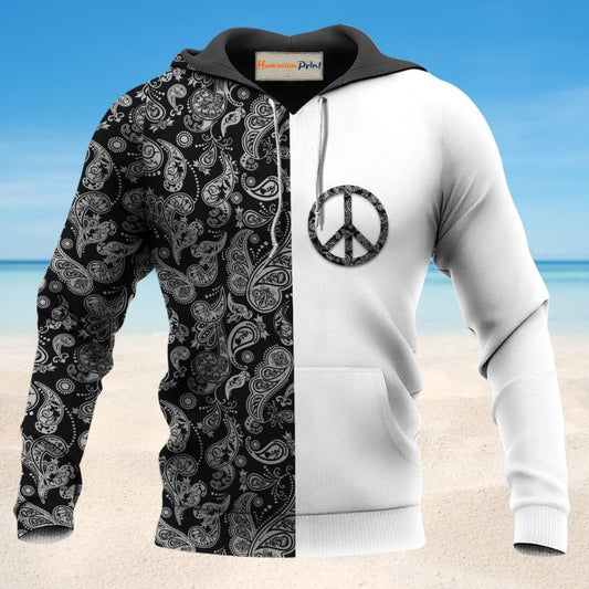 Hippie Black White Symbol Pattern Hoodie For Relaxed Streetwear Outdoor Gatherings And Travel