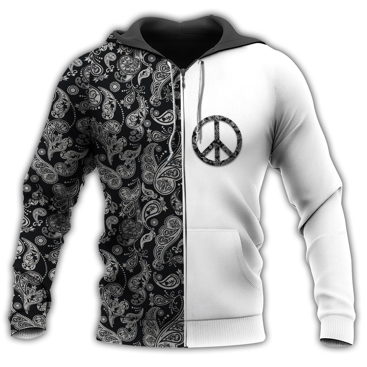 Hippie Black White Symbol Pattern Hoodie For Relaxed Streetwear Outdoor Gatherings And Travel