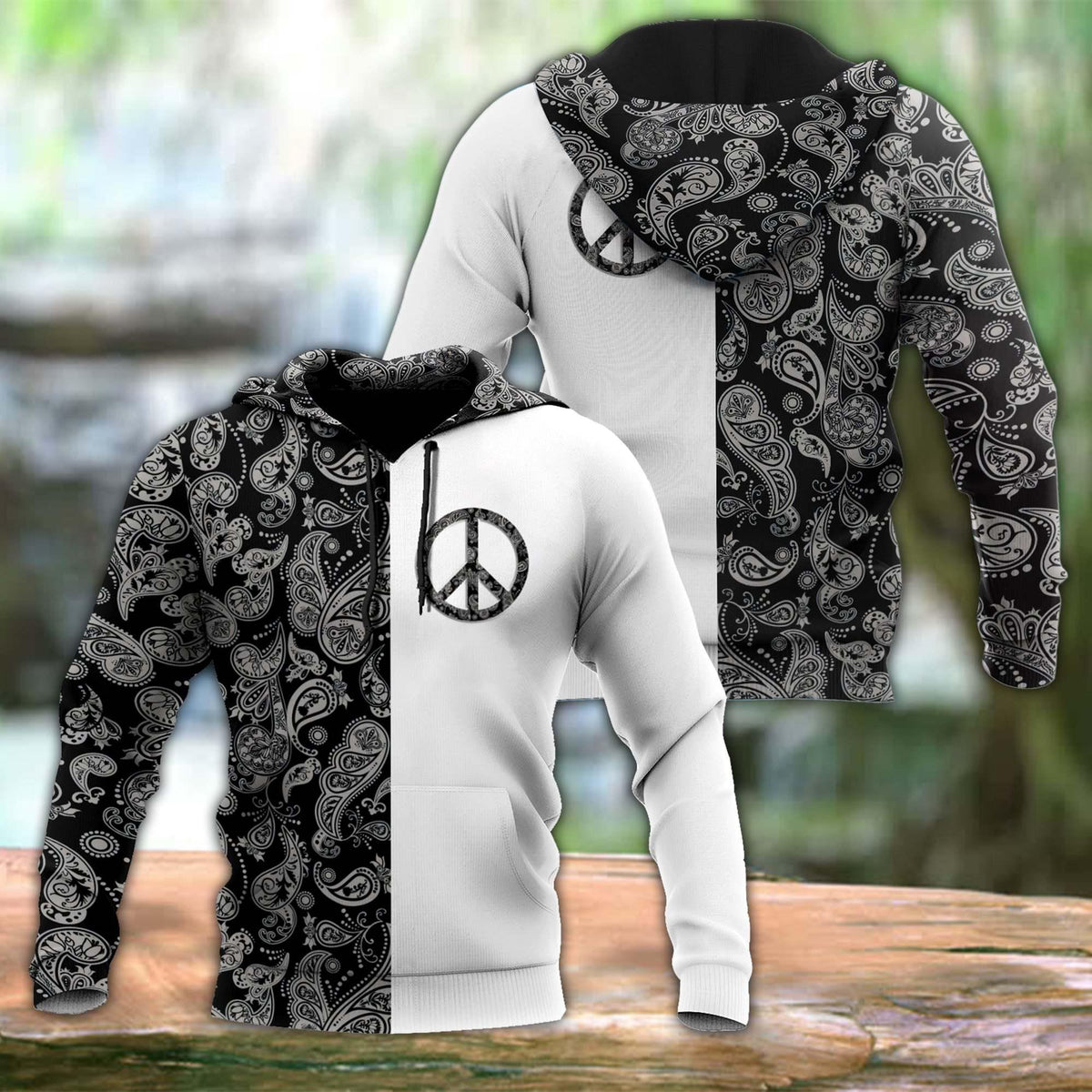 Hippie Black White Symbol Pattern Hoodie For Relaxed Streetwear Outdoor Gatherings And Travel
