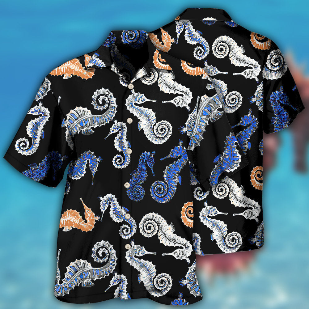 Creative Seahorse Black Hawaiian Shirt For Summer Vacation, Beach Travel, And Casual Wear