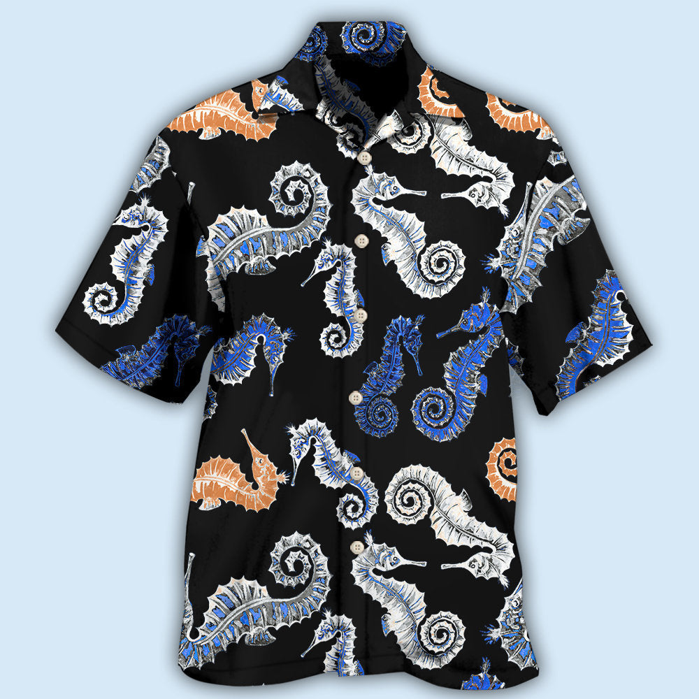 Creative Seahorse Black Hawaiian Shirt For Summer Vacation, Beach Travel, And Casual Wear
