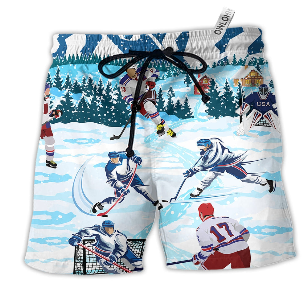 Hockey Lover Snow Mountain Hawaiian Print Beach Shorts For Beach Days And Casual Outdoor Wear