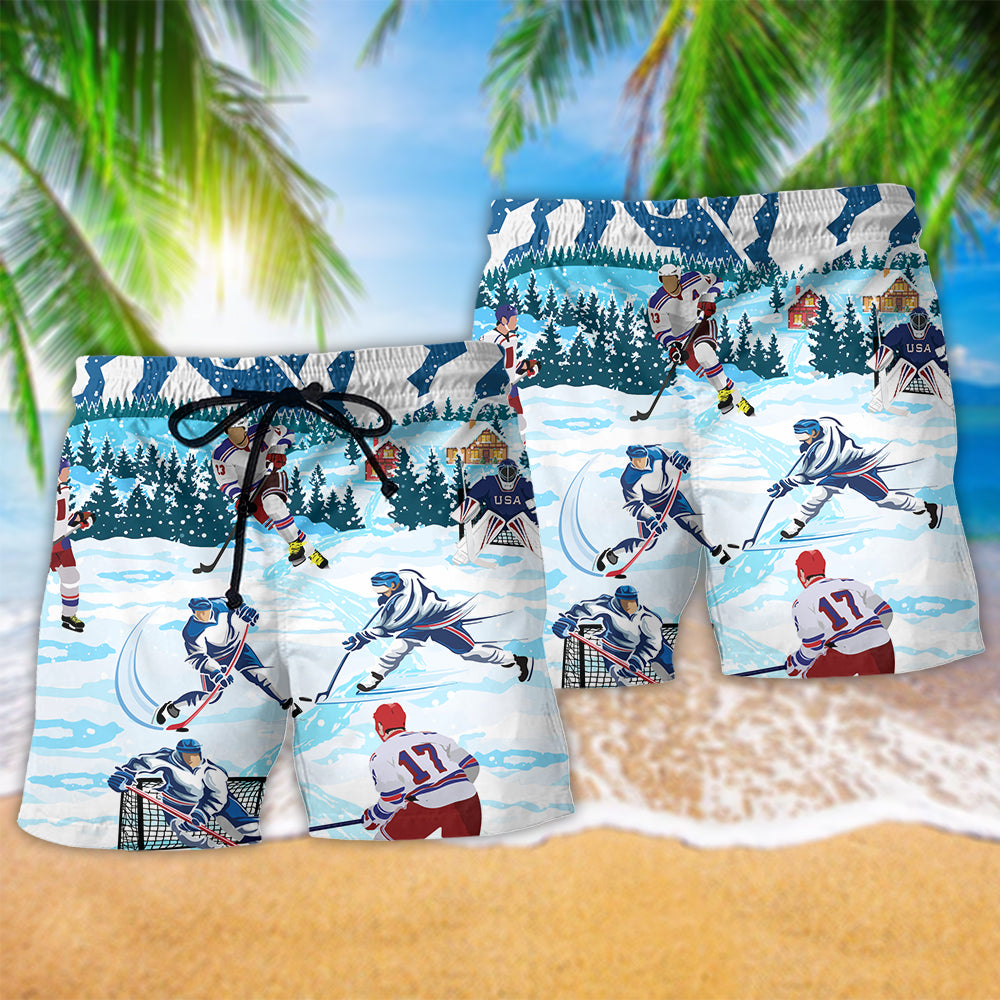 Hockey Snow Mountain Beach Shorts Pattern Detail For Holiday Travel And Flexible Everyday Wear