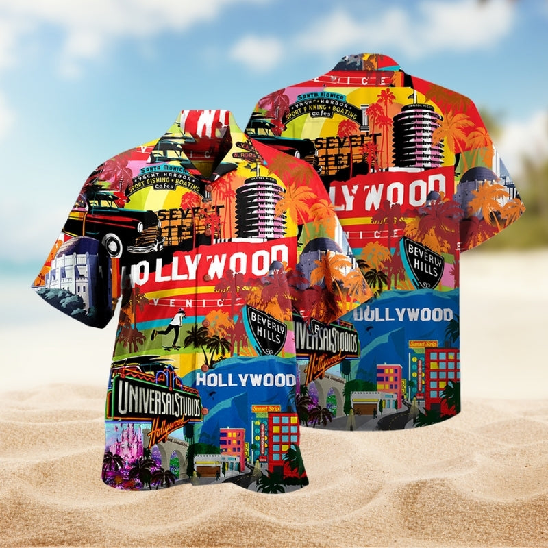 Hollywood Creative Pattern Hawaiian Shirt For Coastal Travel, Casual Events, And Comfortable Summer Wear