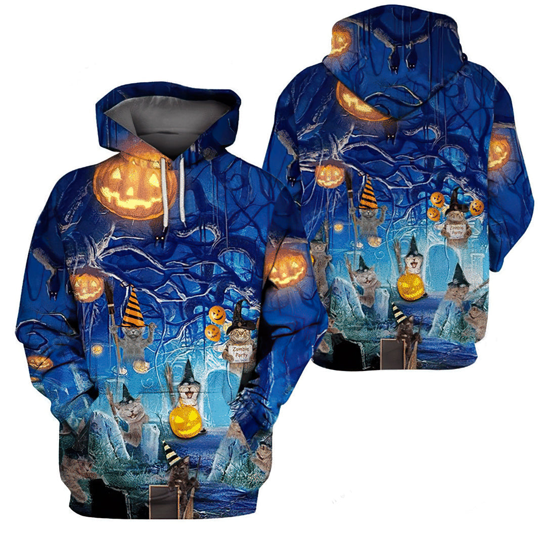 Blue Halloween Cat Hoodie For Fall Celebrations Casual Streetwear And Weekend Travel