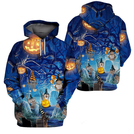 Blue Halloween Cat Hoodie For Fall Celebrations Casual Streetwear And Weekend Travel