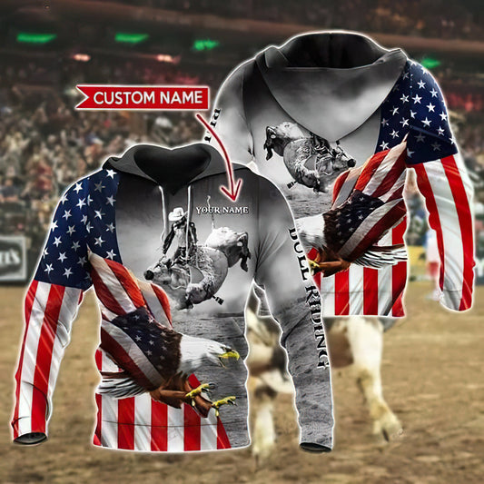 Bull Riding Eagle USA Flag Personalized Hoodie For Travel Days Outdoor Events And Thoughtful Gifts