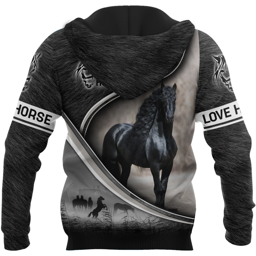 Black Elegant Friesian Horse Hoodie For Equestrian Enthusiasts Casual Wear And Weekend Travel
