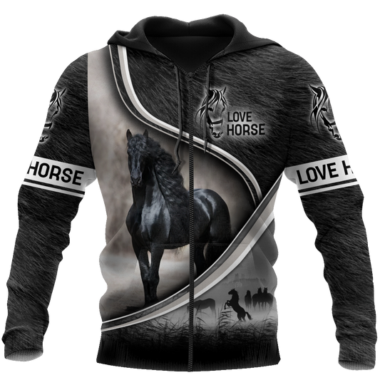 Black Elegant Friesian Horse Hoodie For Equestrian Enthusiasts Casual Wear And Weekend Travel