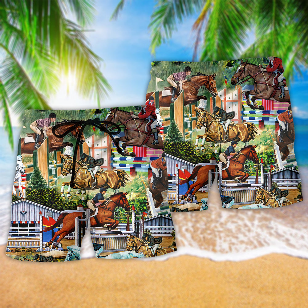Horse Human Racing Bond Beach Shorts Pattern Detail For Coastal Travel And Casual Outdoor Comfort