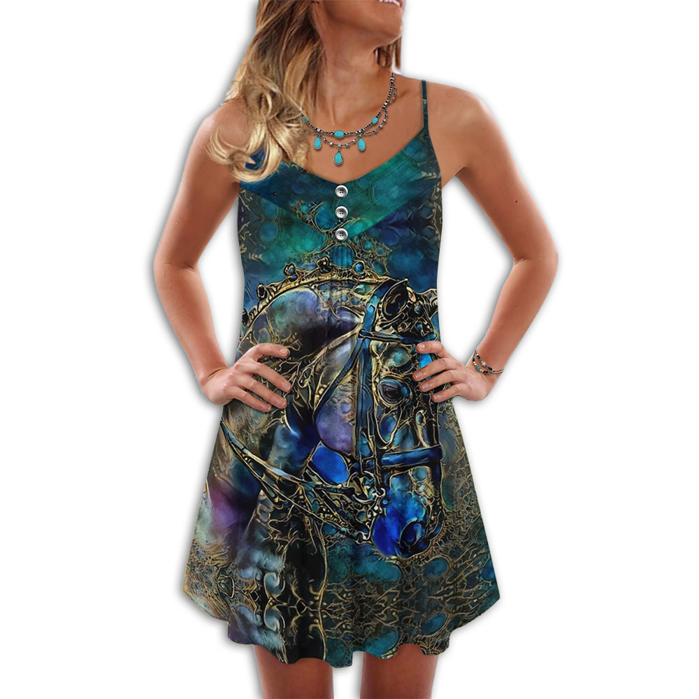 Horse Blue V-Neck Sleeveless Cami Dress For Travel And Comfortable Summer Styling