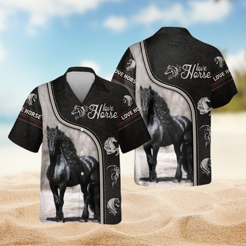 Horse Black Hawaiian Shirt For Summer Vacation, Beach Travel, And Casual Wear