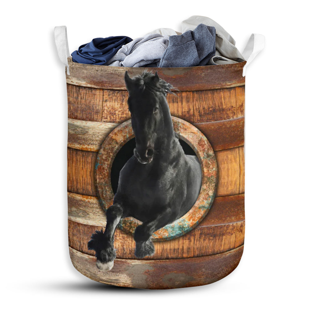 Horse Black Wood Vintage Laundry Basket For Bathroom Bedroom Storage