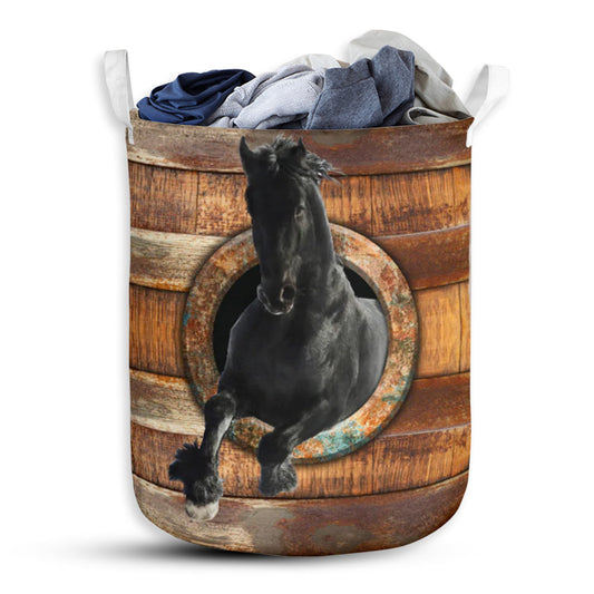 Horse Black Wood Vintage Laundry Basket For Bathroom Bedroom Storage