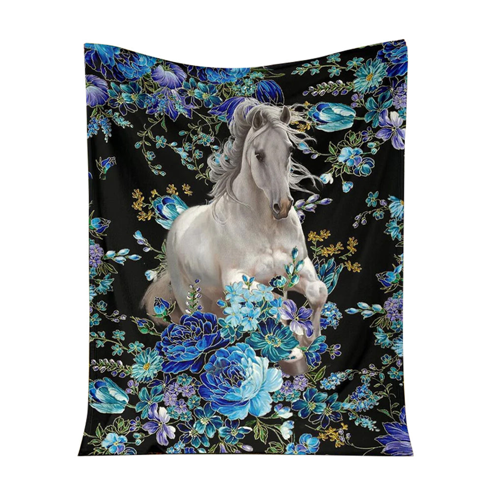 Horse Blue Floral Flannel Blanket For Cozy Bedroom Sofa Decor