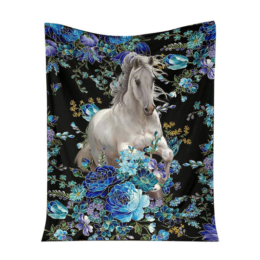 Horse Blue Floral Flannel Blanket For Cozy Bedroom Sofa Decor