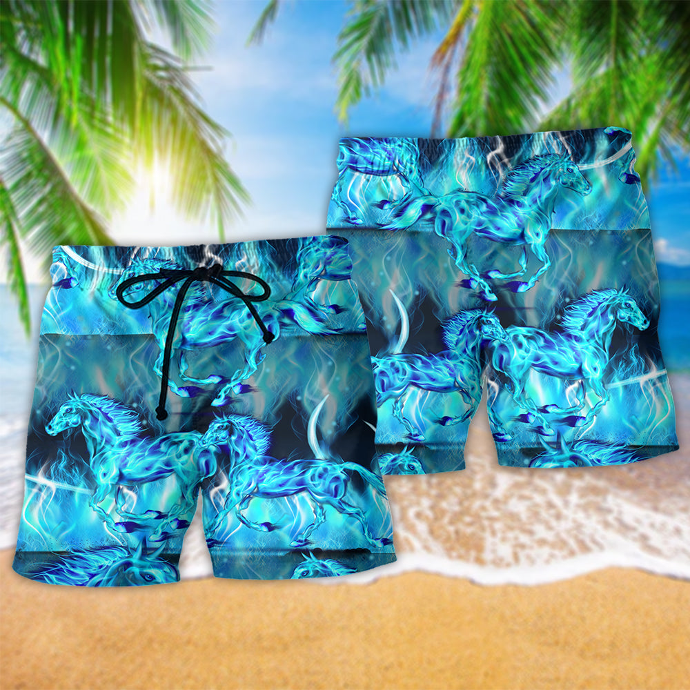Blue Flame Horse Fantasy Beach Shorts Artwork Detail For Tropical Travel And Everyday Wear