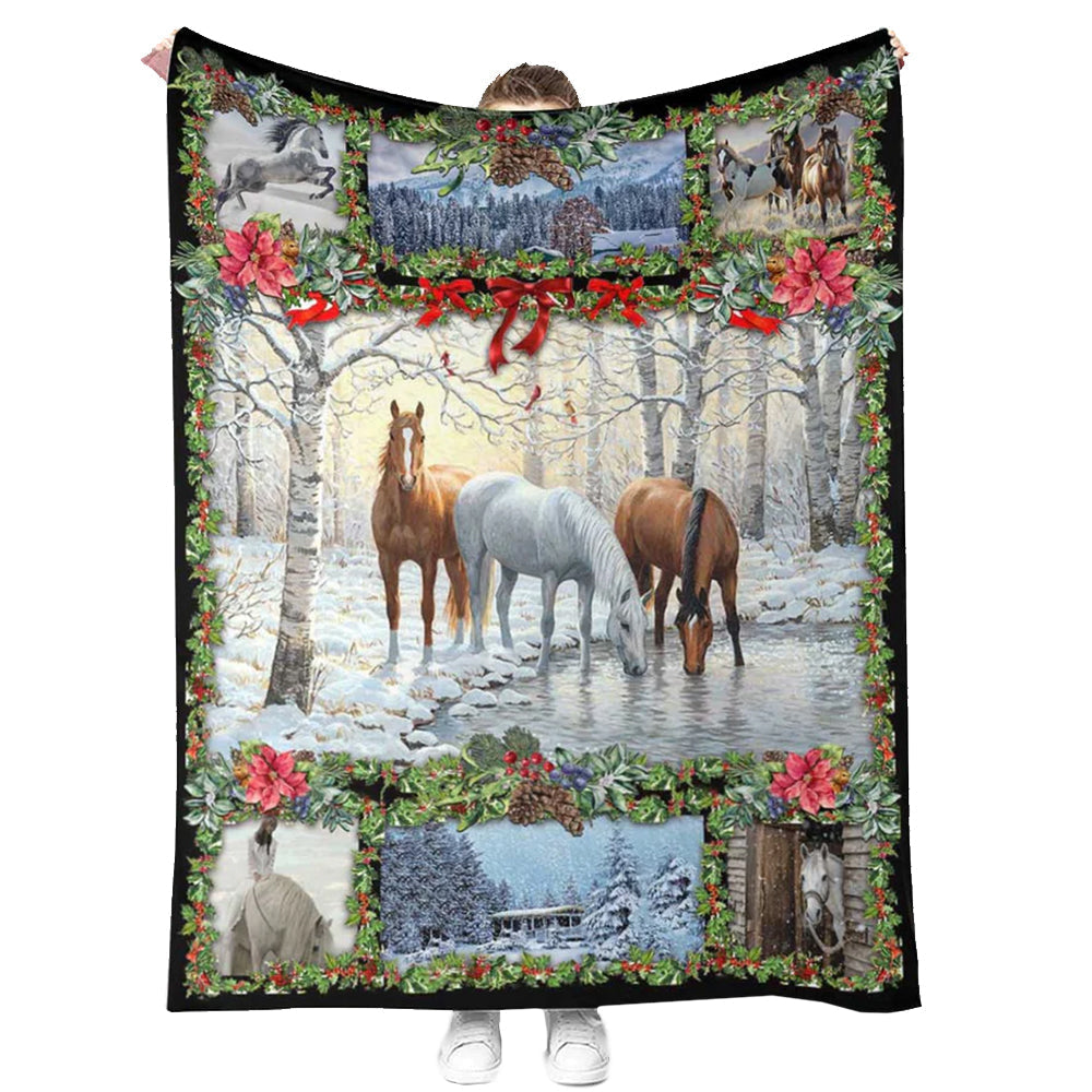 Horse Christmas Horse Near The River Flannel Blanket For Cozy Bedroom Sofa Decor