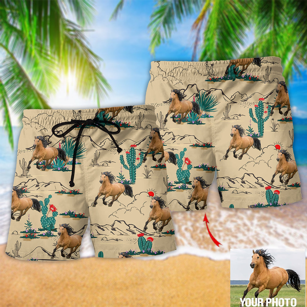 Horse Desert Cactus Photo Beach Shorts Pattern Detail For Weekend Travel And Vacation Ready Style