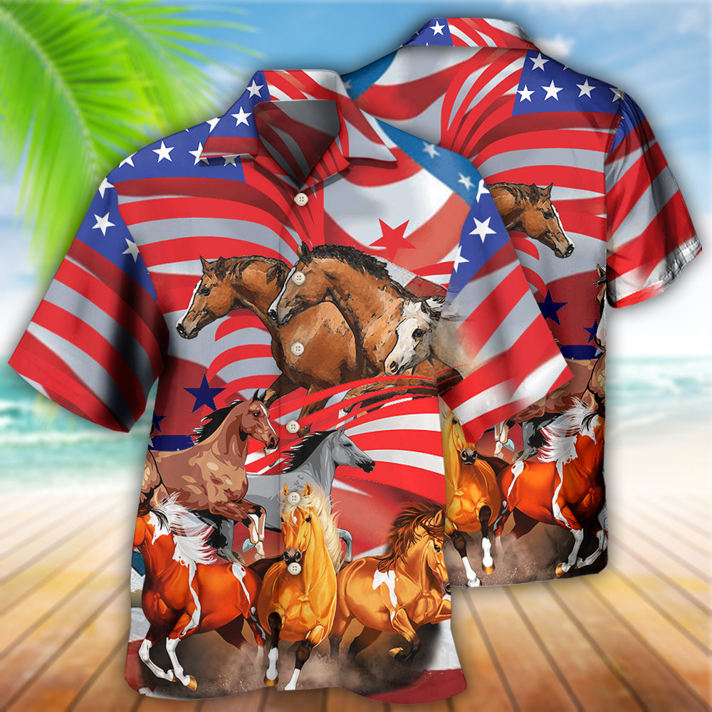 Horse Independence Day American Hawaiian Shirt Artwork Detail For Resort Trips And Outdoor Activities