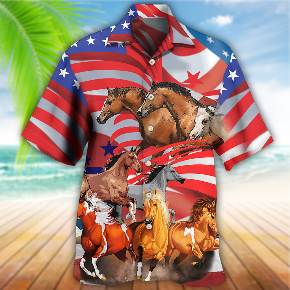 Horse Independence Day American Hawaiian Shirt Pattern View For Relaxed Warm Weather Outfits
