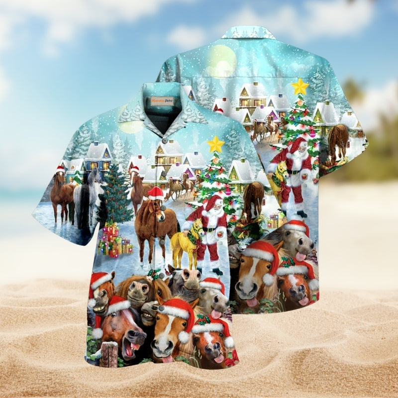 Horse Christmas Hawaiian Shirt For Tropical Holidays, Outdoor Gatherings, And Everyday Comfort